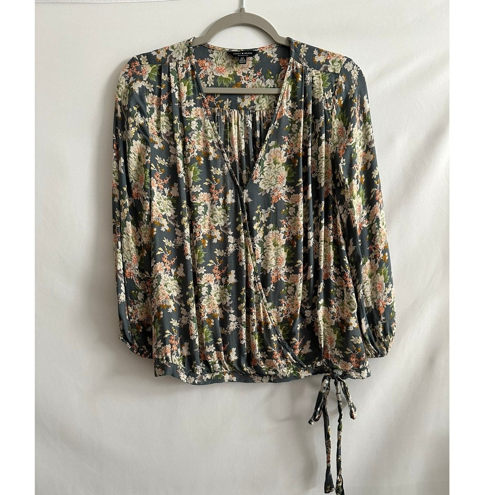 Lucky Brand Floral Faux Wrap Sheer V Neck Top S Gray Boho Peasant Cottagecore